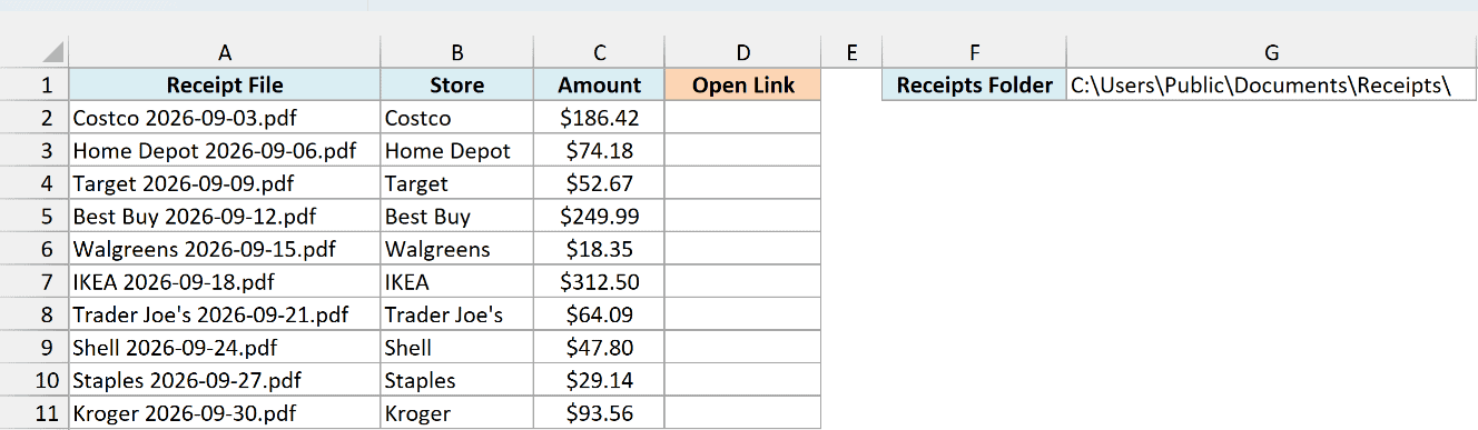 Receipt PDF file names with store and amount, the receipts folder path in G1, and an empty Open Link column