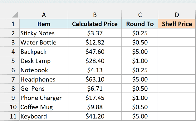 Store items with a calculated price and a Round To step beside an empty Shelf Price column