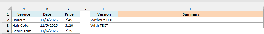 Salon bookings with empty summary cells