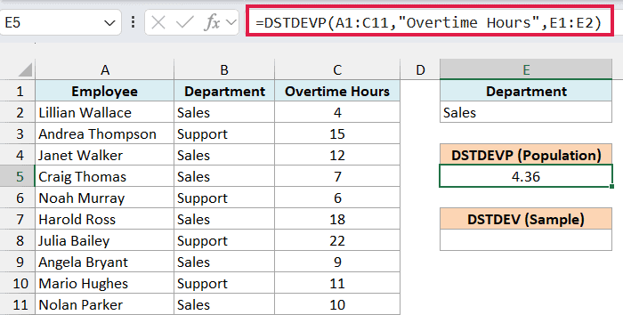 DSTDEVP formula in E5 returning 4.36 for the Sales team's overtime hours