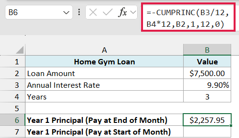 CUMPRINC with type 0 returns $2,257.95 of first-year principal when payments are made at the end of each month