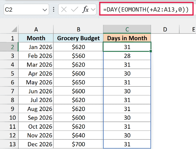 DAY and EOMONTH return the number of days in each month, including 28 for February 2026