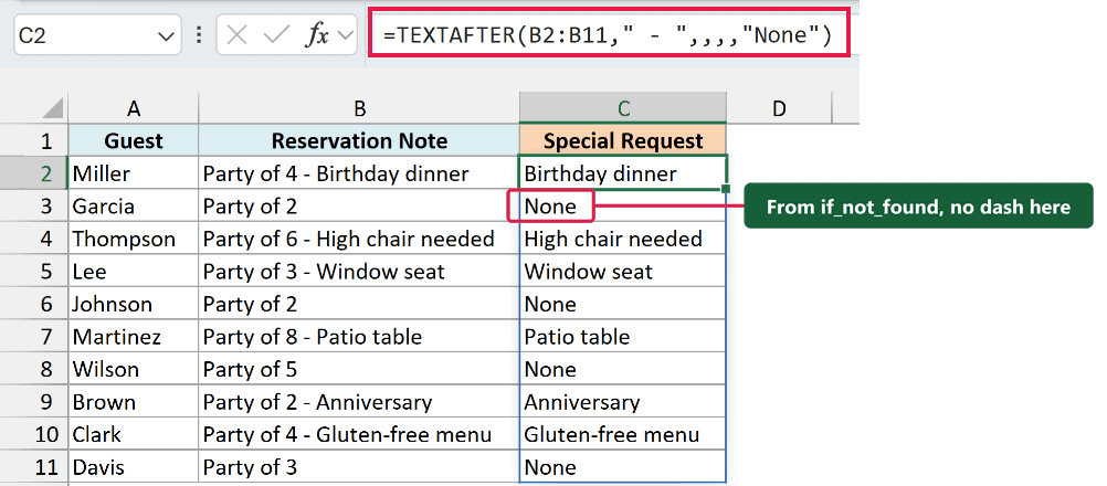 TEXTAFTER formula with if_not_found returning the special request or None