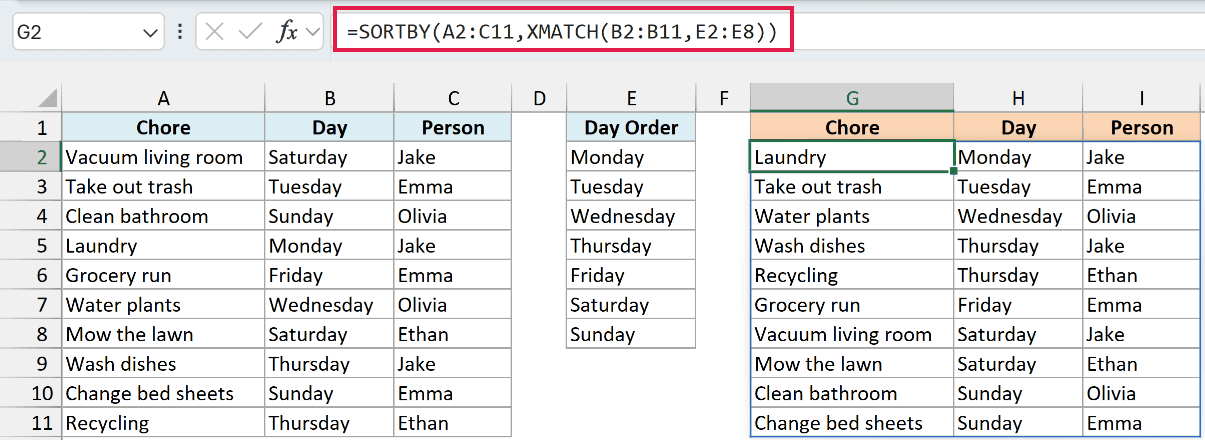 SORTBY with XMATCH puts the chores in weekday order from Monday to Sunday
