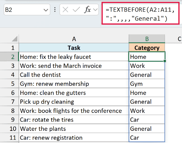 TEXTBEFORE with if_not_found returns the category, or General for tasks with no colon