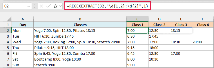 REGEXEXTRACT with return_mode 1 in C2 returns every class time for Monday, spilled across C2 to E2, and is copied down for each day