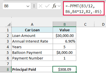 PPMT formula with the balloon as a negative fv returns $308.09 of principal in the first payment