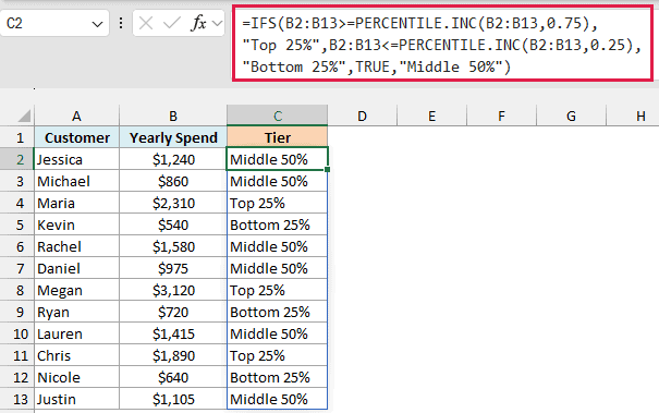 IFS with PERCENTILE.INC labels each customer as Top 25%, Middle 50%, or Bottom 25%