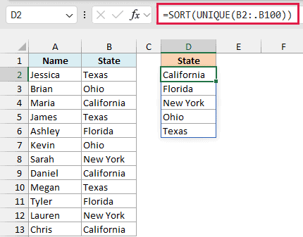 SORT and UNIQUE formula with a trim reference returning five states without an extra 0