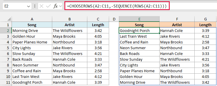 CHOOSEROWS with a negative SEQUENCE returns the whole playlist in reverse order