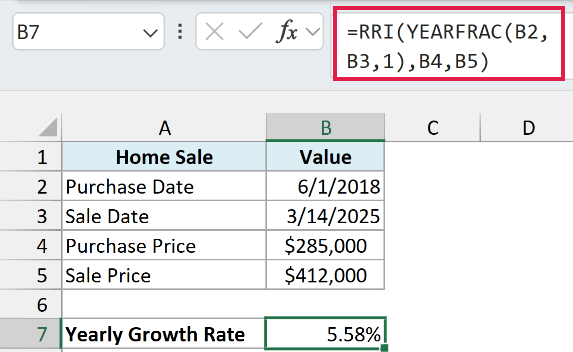 RRI formula with YEARFRAC for the number of years returns a 5.58% yearly growth rate