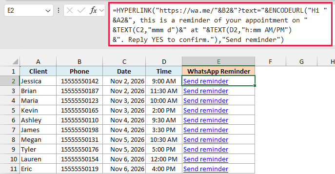HYPERLINK formula with ENCODEURL and TEXT builds a WhatsApp reminder link for each appointment