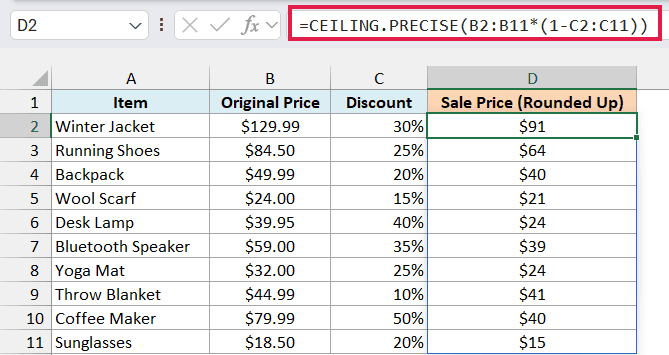 Excel formula bar showing CEILING.PRECISE applied to a table of items, original prices, discounts, and rounded sale prices