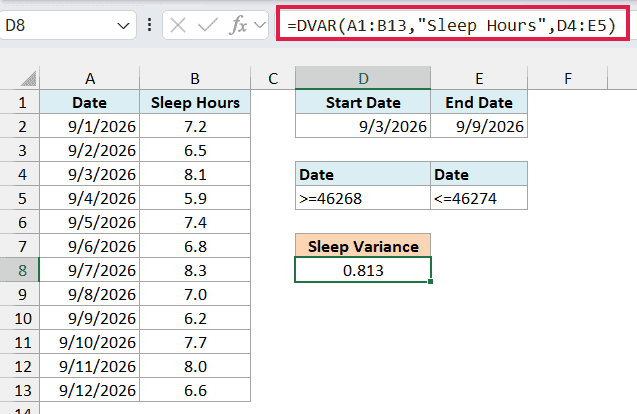 DVAR formula with a date-range criteria returning 0.813 for September 3 to 9, 2026