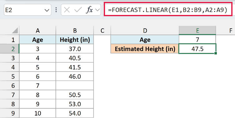FORECAST.LINEAR skips the blank age 7 height and estimates 47.5 inches