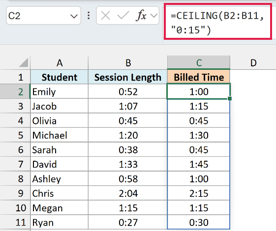 CEILING with "0:15" rounds each session up to the next 15 minutes