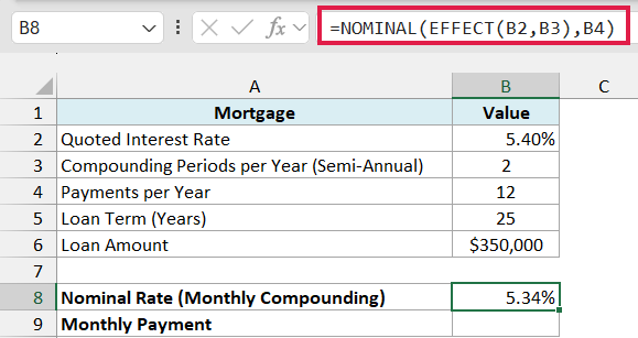 NOMINAL with EFFECT converts the semi-annual 5.40% into a 5.34% nominal rate for monthly compounding