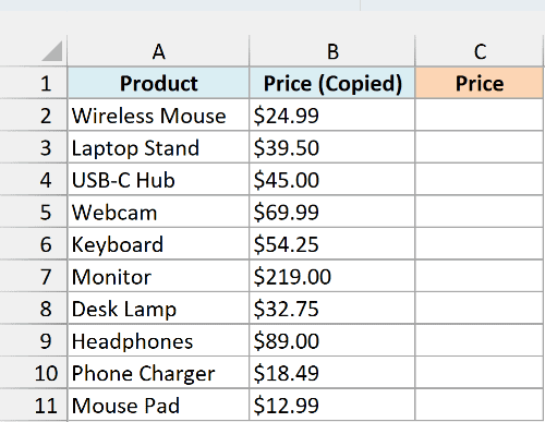 Product prices copied from a website, stored as text, with an empty Price column