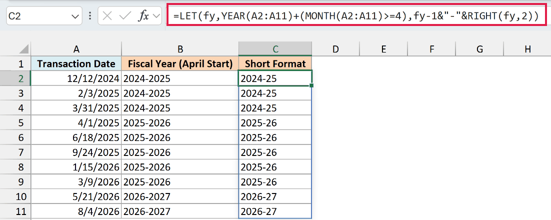 LET and RIGHT formula in C2 spills short April-start fiscal year ranges such as 2024-25 down column C