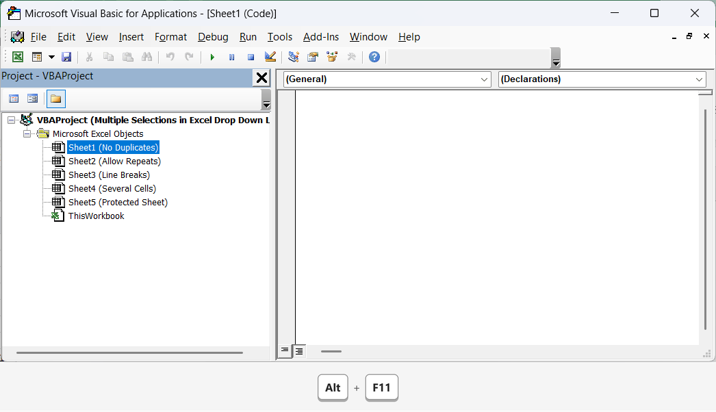 The Visual Basic Editor and Project Explorer for the example workbook.