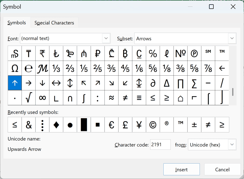 Up arrow selected in the Symbol dialog box