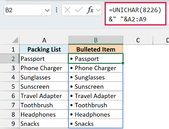 UNICHAR formula in B2 adding a bullet to every item in the packing list