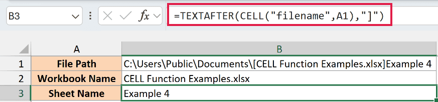 TEXTAFTER returns the sheet name from the CELL filename result