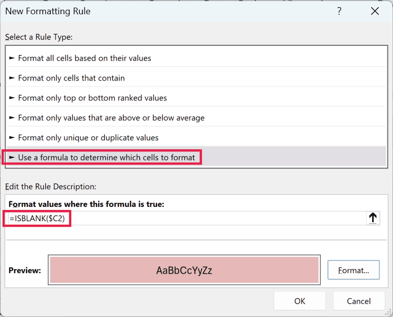 New Formatting Rule dialog box with the ISBLANK formula and a light red fill in the preview