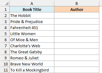 A book club reading list with ten titles, three of them containing an ampersand, beside an empty Author column