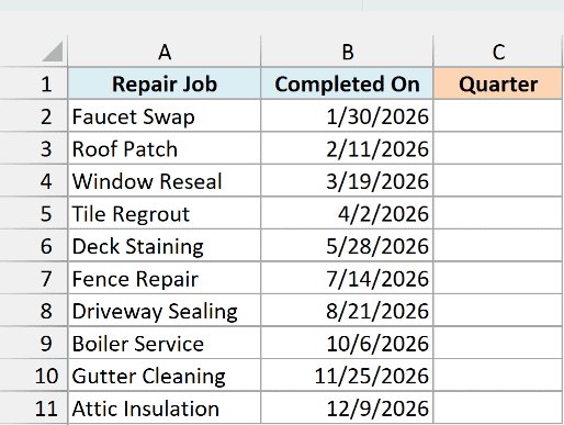 Home repair jobs with the completion date beside an empty Quarter column