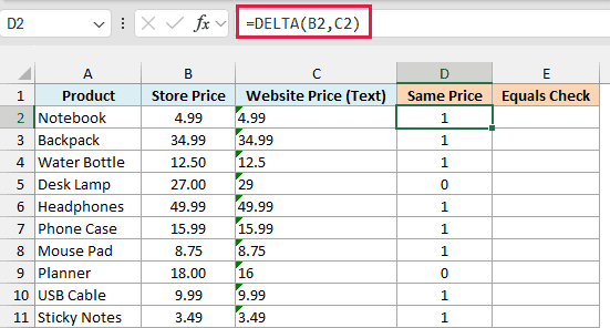DELTA in D2 copied down returns 1 for matching prices even though the website prices are text