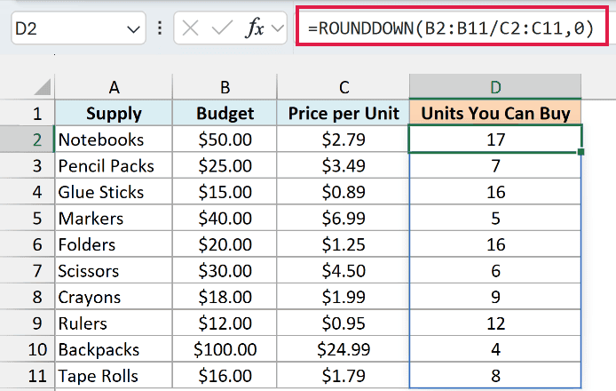 ROUNDDOWN of budget divided by price gives the whole units you can afford