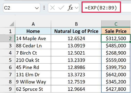 EXP formula converts the natural logs back into sale prices, starting with $312,500
