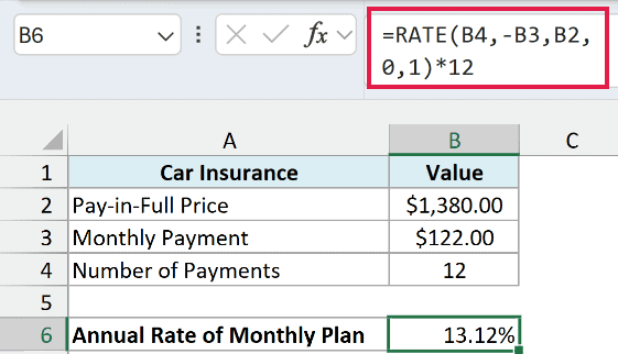RATE formula with type 1 shows the monthly insurance plan charges 13.12% a year