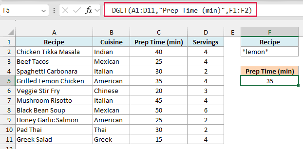 DGET formula with a wildcard criteria returning 35, the prep time of Grilled Lemon Chicken