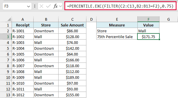 PERCENTILE.EXC with FILTER returns $171.75 as the 75th percentile sale for the Mall store