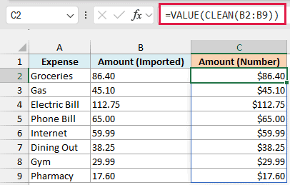 VALUE and CLEAN turn the imported amounts into real numbers that line up on the right