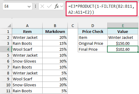 PRODUCT with FILTER applies the jacket's 20%, 10% and 5% markdowns one after another for a final price of $102.60