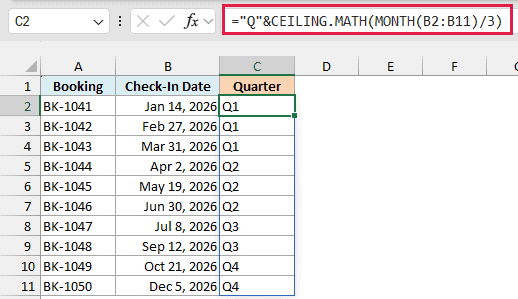 CEILING.MATH of the month divided by 3 returns the quarter for each check-in date