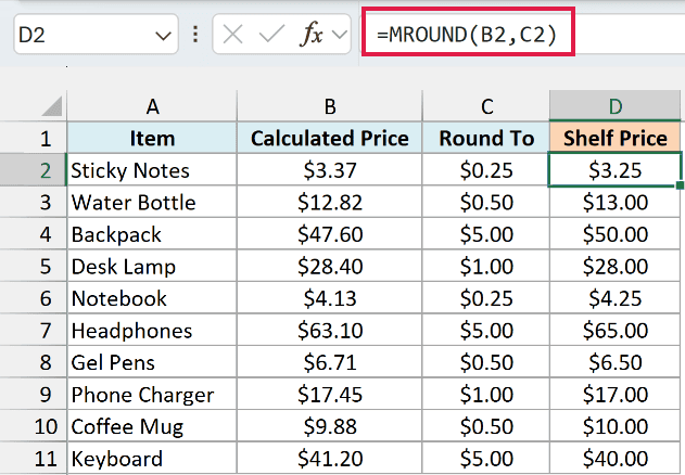 MROUND rounds each price to the step in its own row, so $47.60 becomes $50.00