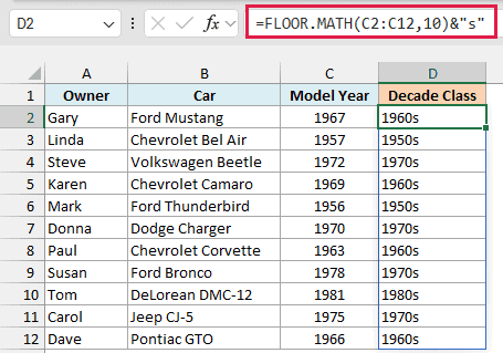 FLOOR.MATH with 10 rounds each model year down to its decade, and &"s" turns 1960 into 1960s