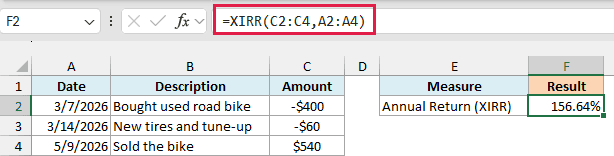 XIRR annualizes the two-month bike flip into a 156.64% return