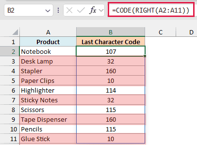 CODE with RIGHT shows the last character's code, revealing 32 for a space, 160 for a non-breaking space and 10 for a line break