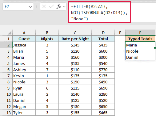 FILTER and ISFORMULA formula listing Maria, Nicole, and Daniel, whose totals were typed in