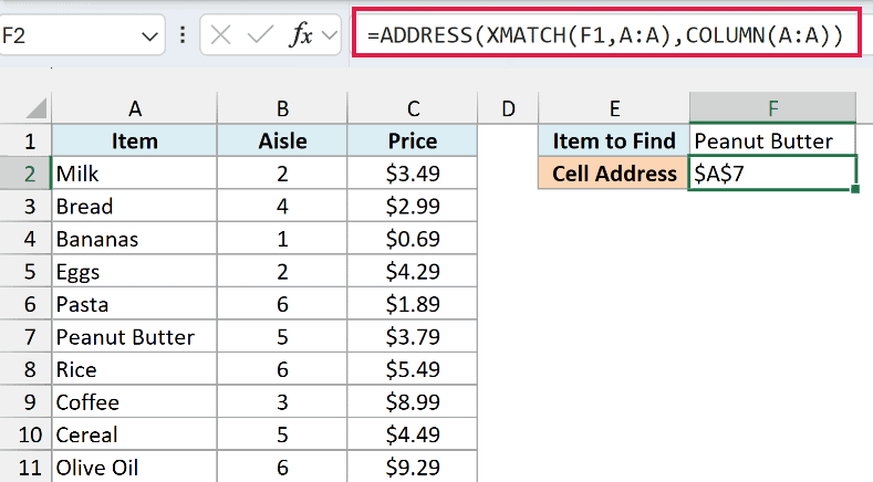ADDRESS with XMATCH returns $A$7, the cell that holds Peanut Butter