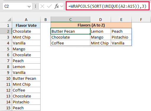 WRAPCOLS with SORT and UNIQUE lists the nine flavors once, A to Z, in columns of three