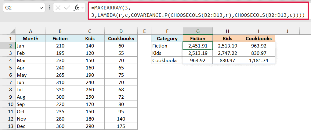 MAKEARRAY with COVARIANCE.P spills a 3 by 3 covariance matrix of the book categories