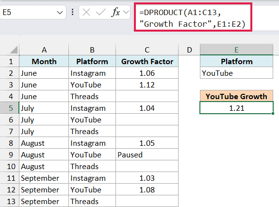 DPRODUCT formula returning 1.21 for YouTube while skipping the blank and Paused months