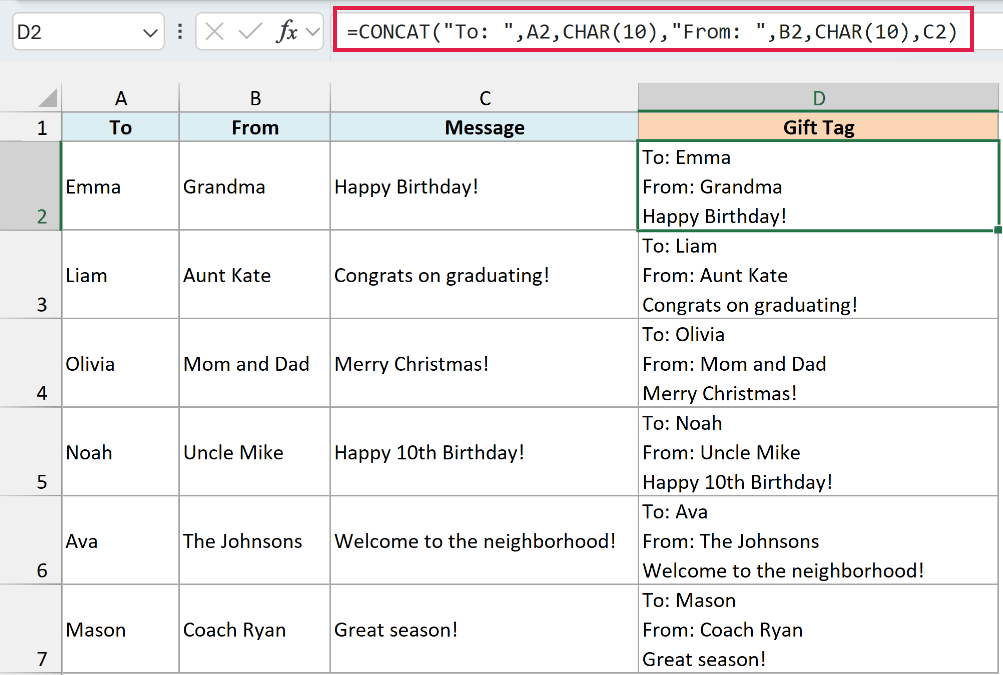 CONCAT formula uses CHAR(10) line breaks to create a three-line gift tag in each cell.