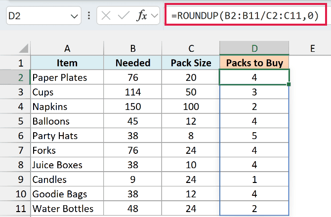 ROUNDUP of needed divided by pack size gives whole packs, with exact multiples left as they are